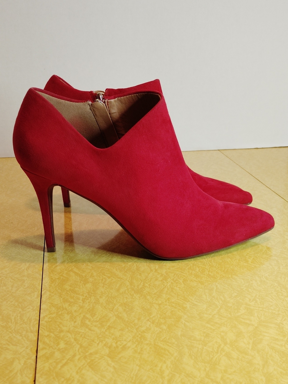 Red Suede Pointed-Toe Stiletto Ankle Boots